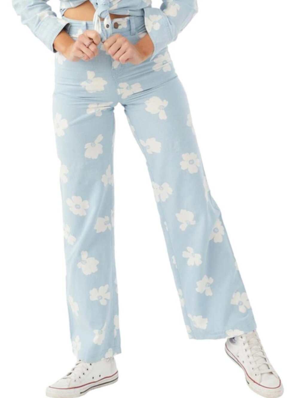 Oneill Kelcey Flower Pant Wide Leg High Rise Blue Cotton Linen Tall 38" inseam
